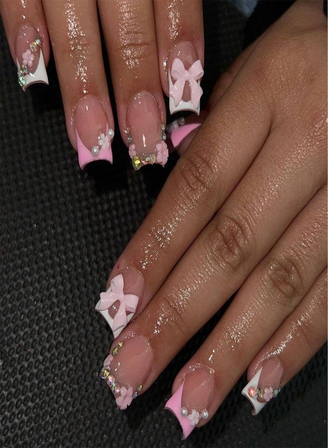 BSBTBZ 24pcs French Tip Press-On Nails - Short, Charms, Bow, Flower Design, Pink, Cute, Square Shape, Acrylic, Rhinestones - Image 1